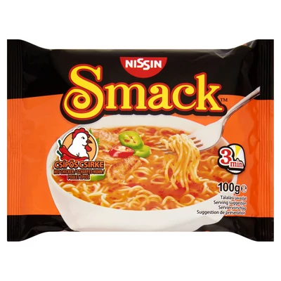 NISSIN SMACK Instant tésztaleves 100g CSÍPŐS CSIRKE (Narancssárga-Zacskós)